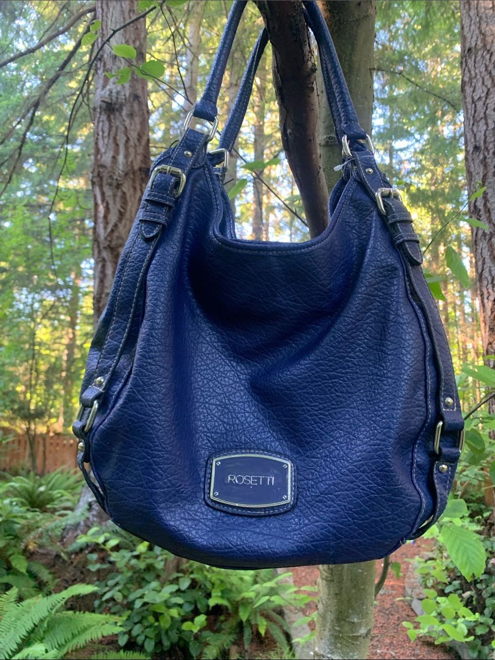 Rosetti Dark Blue Pebbled Leather Shoulder Bag with Gold Hardware